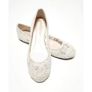 "De Blossom Collection" Wedding Shoes White Floral Lace Ballet Flats Size 10